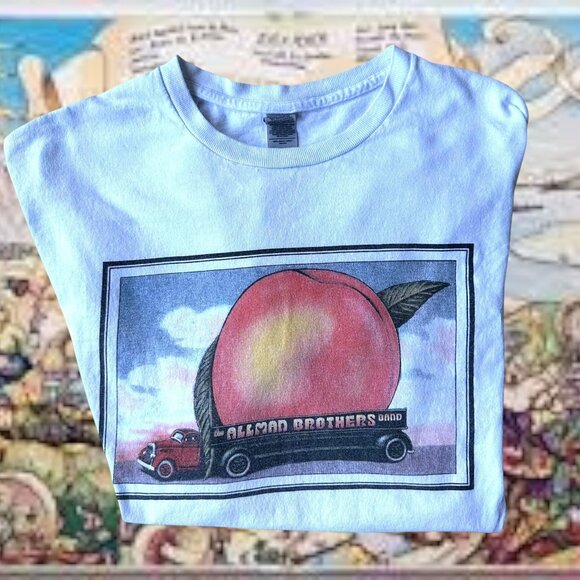 Vintage 90s Allman Brothers Eat Peach T Shirt XL Gildan White Brand Tee Concert - Picture 5 of 12